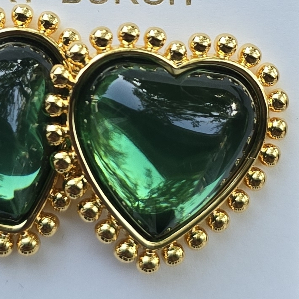 Tory Burch Green Heart Stud Earrings - Picture 2 of 3